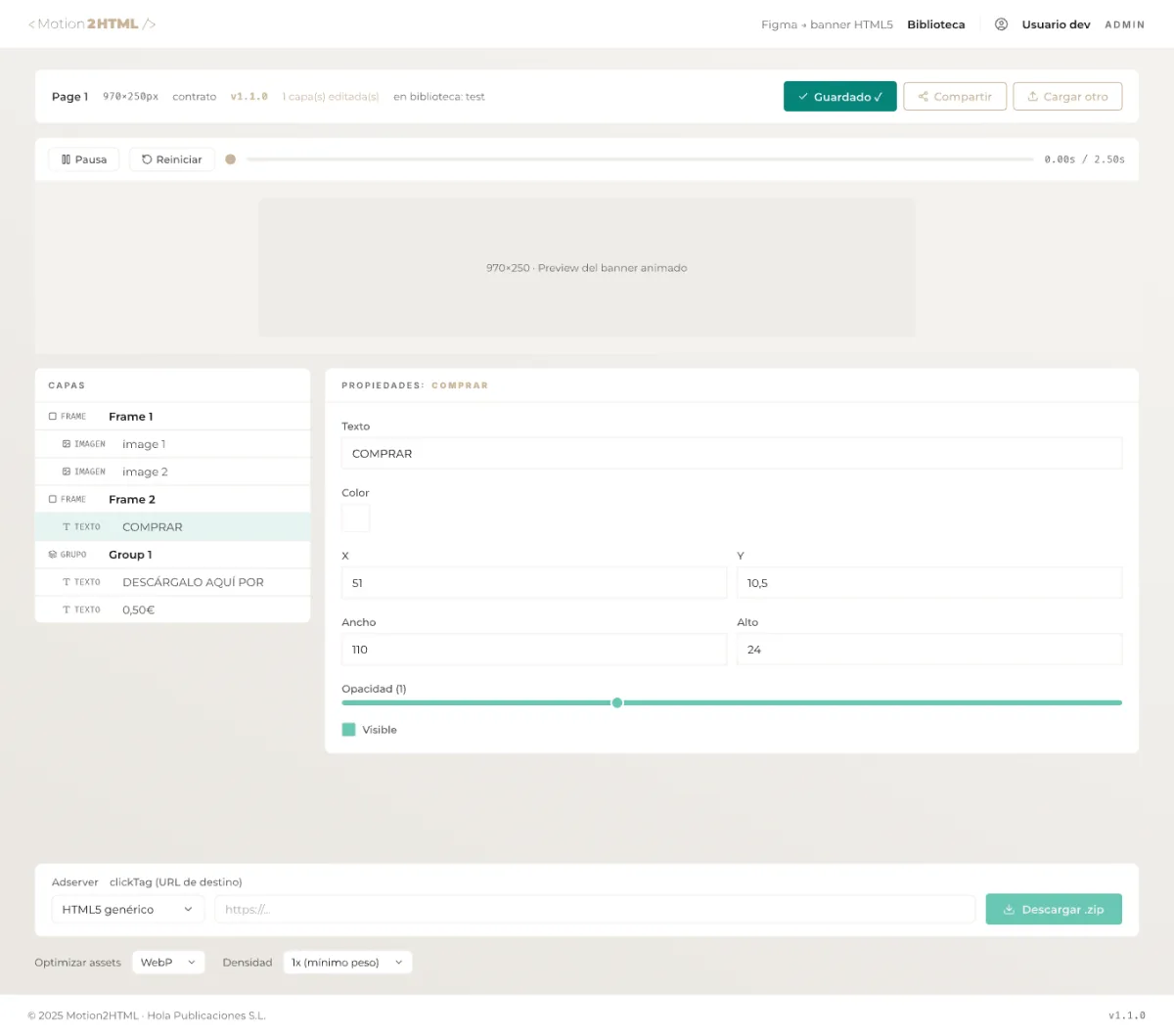 Captura de Motion2HTML: Ajusta en el editor